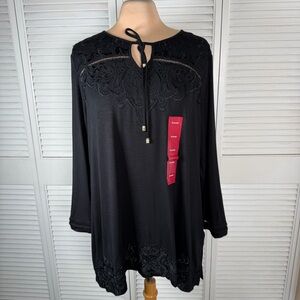 Rafaella Black Embroidered Tunic Top Lace Trim 3/4 Sleeve XL NWT